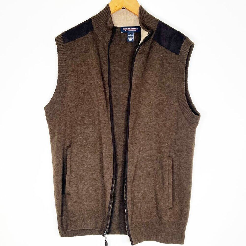 Roundtree & Yorke Heather Brown Lightweight Cotton Full-zip Sweater Vest Mens M